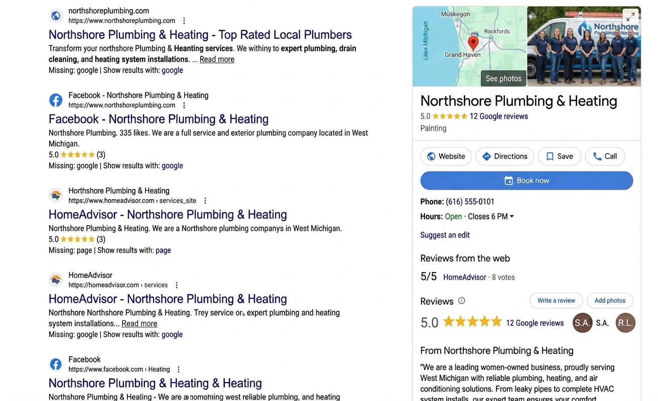 Google Business Profile showing a Book now button for a local plumbing and heating company
