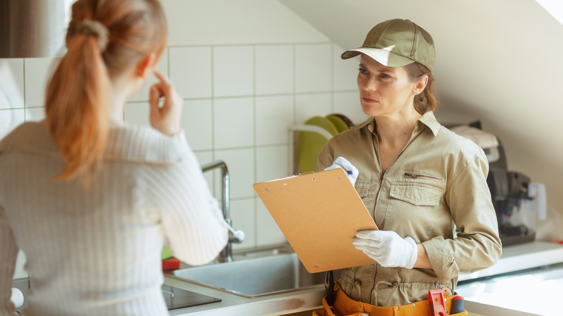 Female service technician taking notes during a kitchen plumbing call